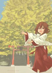 Rule 34 | 1girl, absurdres, alternate costume, blue sky, brown eyes, brown hair, commentary request, day, fang, feet out of frame, hakama, highres, ikazuchi (kancolle), japanese clothes, kantai collection, miko, open mouth, outdoors, pot-de, red hakama, ribbon-trimmed sleeves, ribbon trim, short hair, sky, solo, torii, tree, wide sleeves
