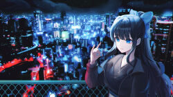 Rule 34 | 1girl, absurdres, black hair, black jacket, black shirt, blue eyes, blue nails, bow, breasts, city lights, cityscape, closed mouth, commission, crop top, expressionless, fox shadow puppet, hair bow, hand up, highres, jacket, jaduade, jewelry, long hair, long sleeves, medium breasts, nail polish, necklace, night, off shoulder, open clothes, open jacket, original, outdoors, ponytail, see-through, shirt, sidelocks, solo, spaghetti strap, upper body