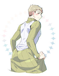 Rule 34 | 1boy, blonde hair, blush, closed mouth, cropped legs, dress, dungeon meshi, go4qi, green dress, laios touden, long sleeves, looking at viewer, looking back, male focus, short hair, skirt hold, solo, turtleneck, upper body, very short hair, white background, yellow eyes