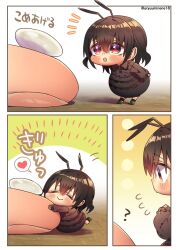 Rule 34 | 1girl, 1other, :o, = =, ?, ant girl, antennae, blush, brown eyes, brown hair, chibi, closed mouth, comic, commentary request, flying sweatdrops, giving, gradient eyes, happy, harumina mau, heart, hug, leaning forward, mini person, minigirl, multicolored eyes, notice lines, original, personification, rice, short hair, size difference, smile, spoken heart, tareme, translation request, twitter username