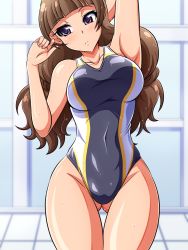 Rule 34 | 1girl, alternate breast size, amanogawa kirara, aokura shou, blush, breasts, brown hair, competition swimsuit, curvy, female focus, gluteal fold, go! princess precure, highleg, highleg swimsuit, highres, large breasts, long hair, one-piece swimsuit, precure, purple eyes, solo, swimsuit, thigh gap, wide hips