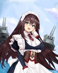 Rule 34 | 1girl, absurdres, apron, azur lane, blue eyes, brown hair, center frills, commission, curacoa (azur lane), dress, dutch angle, frills, highres, juliet sleeves, kesseil, long hair, long sleeves, maid headdress, necktie, open mouth, outdoors, pixiv commission, puffy sleeves, red necktie, rigging, short necktie, solo, teeth, upper teeth only, water, white apron, white dress