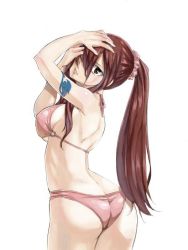 Rule 34 | 1girl, arm tattoo, arms up, ass, back, bra, breasts, brown eyes, butt crack, erza scarlet, facing viewer, fairy tail, hair over one eye, hair tie, hands in hair, hands up, high ponytail, large breasts, long hair, looking at viewer, looking back, mashima hiro, midriff, one eye covered, panties, parted lips, pink bra, pink panties, ponytail, red hair, sideboob, simple background, solo, standing, swimsuit, tattoo, teeth, underboob, underwear, very long hair, white background