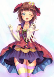 Rule 34 | 1girl, amami haruka, blue eyes, blush, breasts, brown hair, cleavage, collarbone, dress, elbow gloves, flower, gloves, hair flower, hair ornament, idolmaster, idolmaster (classic), jewelry, looking at viewer, noririn, one eye closed, open mouth, outstretched arm, pendant, reaching, reaching towards viewer, short hair, simple background, solo, striped clothes, striped thighhighs, thighhighs, wink, zettai ryouiki