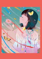 Rule 34 | 1girl, absurdres, black hair, blue ribbon, blunt bangs, blunt ends, border, bug, butterfly, closed eyes, flower, highres, insect, japanese clothes, kimono, medium hair, original, pansy, pink flower, profile, red border, red ribbon, ribbon, sion 0d1m, solo, white butterfly, yellow butterfly, yellow ribbon