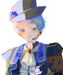 Rule 34 | 1boy, black hat, black jacket, black pants, blue flower, blue rose, blush, crying, crying with eyes open, ensemble stars!, flower, grey background, happy tears, hat, headset, itsuki shu, jacket, looking at viewer, male focus, outstretched hand, pants, pink hair, purple eyes, rose, short bangs, short hair, simple background, smile, solo, tami tome mo, tears, teeth, top hat