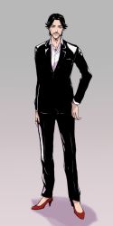 Rule 34 | 1boy, ace attorney, beard, black hair, black jacket, black pants, chobi (piita4), collared shirt, facial hair, forehead, formal, full body, goatee, gradient background, grey background, hair intakes, hand on own hip, happy, high heels, highres, jacket, jewelry, looking to the side, male focus, mustache, necklace, open mouth, pants, phoenix wright: ace attorney - spirit of justice, red footwear, ring, roger retinz, shirt, shoes, short hair, simple background, smile, solo, standing, suit, white shirt, yellow eyes