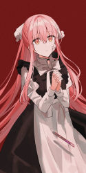 Rule 34 | 1girl, absurdres, apron, black dress, bow, boxcutter, brown eyes, chihuri, dress, hair between eyes, hair ribbon, highres, juliet sleeves, long hair, long sleeves, original, own hands clasped, own hands together, parted lips, pink hair, ponytail, puffy sleeves, red background, ribbon, shirt, simple background, sleeveless, sleeveless dress, solo, very long hair, waist apron, white apron, white bow, white ribbon, white shirt, yana (chihuri)