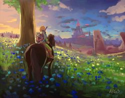 Rule 34 | 1boy, artist name, blonde hair, blue flower, blue shirt, blue sky, boots, brown footwear, castle, cloud, flower, from behind, gradient sky, grass, green pants, highres, hylian shield, kay (kf1n3), knee boots, link, male focus, master sword, nintendo, pants, pointy ears, riding, scenery, shield, shirt, short hair, signature, sitting, sky, sword, the legend of zelda, the legend of zelda: breath of the wild, tree, vambraces, weapon, weapon on back