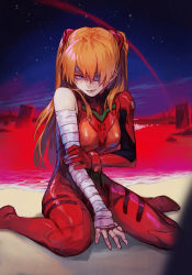 Rule 34 | 1girl, bandaged head, bandages, blue eyes, blush, bodysuit, breasts, brown hair, curvy, the end of evangelion, full body, hungry clicker, interface headset, kneeling, long hair, looking at viewer, medium breasts, neon genesis evangelion, plugsuit, shiny skin, sitting, sky, smile, solo, souryuu asuka langley, upper body