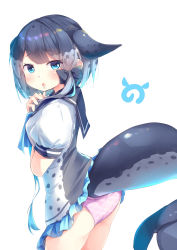 Rule 34 | 1girl, :o, absurdres, black bow, black hair, blowhole, blue eyes, blue hair, bow, cetacean tail, commentary request, cowboy shot, dress, fins, fish tail, frilled dress, frills, from side, grey hair, hair bow, hand on own chest, highres, japari symbol, kanzakietc, kemono friends, lifted by tail, looking at viewer, multicolored hair, narwhal (kemono friends), open mouth, panties, pink panties, puffy short sleeves, puffy sleeves, sailor collar, sailor dress, short dress, short hair with long locks, short sleeves, simple background, solo, tail, underwear, white background