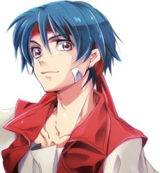 Rule 34 | 1boy, bad id, bad pixiv id, bandages, blue hair, brown eyes, headband, lowres, male focus, merii, rody roughnight, shirt, simple background, smile, solo, vest, white background, wild arms, wild arms 1