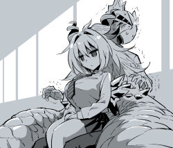 Rule 34 | 1boy, 1girl, breasts, collared shirt, curled horns, expressionless, extra arms, gaismagorm, greyscale, hands on lap, helmet, highres, horns, jari (1986), large breasts, long hair, miniskirt, monochrome, monster hunter (character), monster hunter (series), monster hunter rise, necktie, nervous, nervous sweating, personification, shaking, shirt, simple background, sitting, sitting on lap, sitting on person, skirt, sweat, window