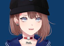 1girl baseball_cap blue_eyes blue_shirt brown_hair captain compass_choker cursing hat lost_sailor_at_sea_(vtuber) sailor sailor_outfit scared_expression sharp_teeth ship&#039;s_wheel_earring shirt small_pupils teeth