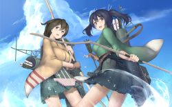 Rule 34 | 10s, 2girls, arrow (projectile), black hair, blue hair, blue sky, blush, bow (weapon), breasts, brown eyes, brown hair, day, ginko (nico), hiryuu (kancolle), japanese clothes, kantai collection, large breasts, multiple girls, open mouth, personification, ribbon, short hair, skirt, sky, smile, souryuu (kancolle), twintails, water, weapon, wide sleeves