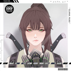 Rule 34 | 1girl, absurdres, barcode, brown hair, character name, closed mouth, english text, freckles, green eyes, grey background, highres, looking at viewer, medium hair, park junkyu, ponytail, portrait, respirator, shirt, solo, the girls of armament, weapon, weapon on back, white shirt
