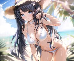 Rule 34 | 1girl, beach, bent over, bikini, black hair, blue eyes, blush, breasts, character request, cleavage, closed mouth, cloud, copyright request, cowboy shot, dappled sunlight, flower, hair flower, hair ornament, hat, large breasts, leaf, light particles, long hair, looking at viewer, ludaf, navel, outdoors, palm tree, shadow, sidelocks, sky, smile, solo, sparkle, stomach, straw hat, summer, sunlight, swimsuit, tree, water, water drop, wet, white bikini, white flower