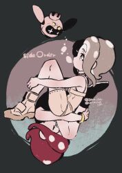 Rule 34 | 20cm snow, 3girls, agent 8 (splatoon), artist name, black footwear, black shirt, blowing bubbles, bodysuit, boots, choker, closed eyes, copyright name, crop top, crown, drone, dual persona, fetal position, floating, from side, grey background, grey eyes, grey hair, highres, long hair, lying, multiple girls, nintendo, no mouth, non-humanoid robot, octoling, octoling girl, octoling player character, on side, pearl drone (splatoon), red hair, robot, shirt, sleeveless, sleeveless bodysuit, splatoon (series), splatoon 2, splatoon 2: octo expansion, splatoon 3, splatoon 3: side order, star-shaped pupils, star (symbol), suction cups, symbol-shaped pupils, tentacle hair, time paradox, upside-down, white bodysuit, white footwear, wristband