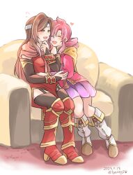Rule 34 | 2girls, altena (fire emblem), aristocratic clothes, armor, armored boots, black garter straps, boots, brown eyes, brown hair, byakkos, cape, closed eyes, couch, ethlyn (fire emblem), fire emblem, fire emblem: genealogy of the holy war, fire emblem: thracia 776, garter straps, headband, highres, mother and daughter, multiple girls, nintendo, on couch, open mouth, pink hair, red armor, thighhighs, white headband, yellow cape