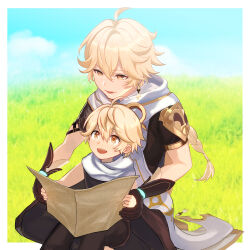 Rule 34 | 2boys, aether (genshin impact), aged down, blonde hair, braid, brown gloves, brown pants, child, earrings, father and son, genshin impact, gloves, hair between eyes, hair ornament, highres, holding, holding map, holding paper, jewelry, long hair, male focus, map, multiple boys, open mouth, pants, paper, scarf, tahol dr, white scarf, yellow eyes