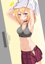 Rule 34 | 1girl, armpits, arms up, bare shoulders, black bra, black choker, black panties, blonde hair, blush, bra, breasts, chloe (princess connect!), chloe (school festival) (princess connect!), choker, cleavage, closed mouth, collarbone, commentary request, groin, hair between eyes, highres, iseshi, locker, long hair, looking at viewer, medium breasts, mouth hold, navel, notice lines, open clothes, open skirt, panties, pleated skirt, ponytail, princess connect!, purple eyes, purple skirt, shirt, sidelocks, skirt, solo, underwear, undressing, white shirt