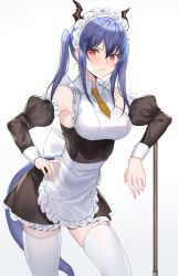 Rule 34 | 1girl, apron, arknights, blue hair, ch&#039;en (arknights), detached sleeves, dragon girl, dragon horns, dragon tail, frilled apron, frills, highres, horns, kernel killer, maid, maid apron, maid headdress, medium hair, puffy sleeves, red eyes, skirt, solo, tail, thighhighs, twintails, waist apron, white apron, white thighhighs, wrist cuffs
