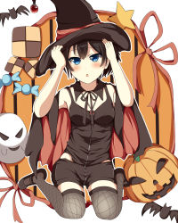 Rule 34 | 10s, 1girl, 96neko96, adjusting clothes, adjusting headwear, alternate costume, bat (animal), blue eyes, blush, breasts, brown hair, candy, cape, fishnet thighhighs, fishnets, food, ghost, halloween, hat, highres, jack-o&#039;-lantern, japanese clothes, jewelry, kaga (kancolle), kantai collection, muneate, naoto (96neko96), necklace, open mouth, short hair, shorts, side ponytail, solo, thighhighs, white background, witch hat, zettai ryouiki