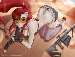 Rule 34 | 1girl, absurdres, all fours, anti-materiel rifle, ass, asymmetrical gloves, belt, bikini, bikini top only, black gloves, black shorts, boota (ttgl), boots, breasts, butt crack, cleavage, closed mouth, desert, ear piercing, earrings, elbow gloves, fingerless gloves, flame print, floating hair, full body, gloves, goggles, gun, hair ornament, high ponytail, highres, jewelry, large breasts, long hair, looking at viewer, mixed-language commentary, outdoors, piercing, pink thighhighs, ponytail, red hair, red nails, rifle, sand, scarf, short shorts, shorts, sidelocks, single elbow glove, skull hair ornament, smile, sniper rifle, spiked belt, swimsuit, tengen toppa gurren lagann, thighhighs, tsukare (ttsukae), uneven gloves, very long hair, weapon, white belt, yellow eyes, yoko littner