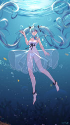 Rule 34 | 1girl, :o, ahoge, air bubble, aluppia, anklet, bare legs, bare shoulders, barefoot, bikini, black bow, blue eyes, blue hair, bow, breasts, bubble, cleavage, collarbone, commentary request, dress, full body, hair between eyes, hair bow, hand up, hatsune miku, highres, jewelry, long hair, looking at viewer, open mouth, school of fish, see-through, see-through dress, small breasts, solo, strap slip, submerged, swimsuit, twintails, underwater, very long hair, vocaloid, water, white bikini