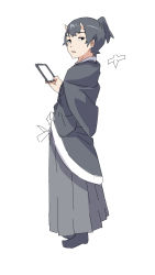 Rule 34 | 1boy, black eyes, black footwear, black hair, black kimono, cellphone, from side, full body, grey hakama, hakama, hakama skirt, highres, holding, holding phone, horns, japanese clothes, kimono, kuro kosyou, looking at viewer, looking to the side, male focus, oni, oni horns, original, parted lips, phone, ponytail, shikigami, shoes, simple background, skirt, solo, white background