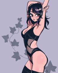 Rule 34 | 1girl, armpits, arms up, back cutout, black hair, black leotard, black nails, black thighhighs, breasts, brown eyes, cleavage, clothing cutout, commentary, freckles, from side, highres, leaf, leaf background, leotard, medium breasts, megrocks, multicolored hair, original, purple hair, signature, solo, streaked hair, thighhighs, two-tone hair