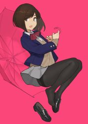 Rule 34 | 1girl, :d, black pantyhose, bob cut, brown eyes, brown hair, feet, highres, loafers, looking at viewer, miru tights, moegi homi, open mouth, pantyhose, pink background, pleated skirt, school uniform, shoes, short hair, simple background, skirt, smile, solo, thighband pantyhose, umbrella, yomu (sgt epper)