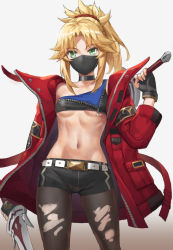 Rule 34 | 1girl, alternate costume, belt, black choker, black gloves, black pantyhose, black shorts, blonde hair, braid, breasts, choker, collarbone, commentary request, dual wielding, fate/apocrypha, fate/grand order, fate (series), fingerless gloves, gloves, green eyes, hair ornament, hair scrunchie, highres, holding, holding sword, holding weapon, jacket, long hair, long sleeves, looking at viewer, mask, mordred (fate), mordred (fate/apocrypha), mouth mask, navel, open clothes, open jacket, pantyhose, photoshop (medium), ponytail, red jacket, red scrunchie, revision, scrunchie, shirt, short shorts, shorts, single-shoulder shirt, small breasts, solo, sword, tonee, torn clothes, torn pantyhose, underboob, weapon, white belt