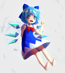 Rule 34 | 1girl, 2020, arm behind back, barefoot, blue dress, blue eyes, blue hair, bow, bowtie, cirno, dress, faux traditional media, hair bow, highres, ice, ice wings, luant, open mouth, photoshop (medium), red bow, red bowtie, short hair, signature, smile, solo, touhou, v, wings