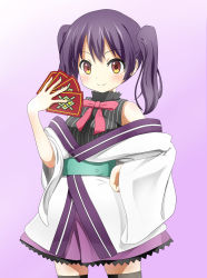 Rule 34 | 1girl, absurdres, arm up, bare shoulders, black sweater, black thighhighs, blush, bow, brown eyes, card, closed mouth, commentary request, cowboy shot, gradient background, hand on own hip, highres, holding, holding card, japanese clothes, kimono, long hair, long sleeves, looking at viewer, off shoulder, pink background, pink bow, pink ribbon, pink skirt, purple hair, ribbon, short kimono, simple background, skirt, sleeveless, smile, solo, sweater, thighhighs, tk (tk47773), twintails, urara meirochou, white background, white kimono, wide sleeves, yukimi koume