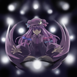 Rule 34 | 1girl, bad id, bad pixiv id, book, bow, female focus, hat, kumadano, long hair, patchouli knowledge, pink bow, ribbon, solo, touhou