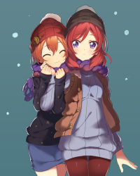 Rule 34 | 10s, 2girls, :3, ^ ^, beanie, bobblehat, closed eyes, cowboy shot, grey background, hat, hoshizora rin, love live!, love live! school idol project, multiple girls, nishikino maki, orange hair, pantyhose, purple eyes, rassie s, red hair, scarf, shared clothes, shared scarf, simple background, snowing, standing, sweater, thigh gap, unbuttoned, vest, winter clothes