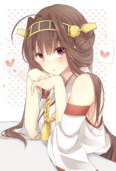 Rule 34 | 10s, 1girl, ahoge, bad id, bad pixiv id, blush, brown eyes, brown hair, detached sleeves, double bun, hairband, head rest, heart, highres, kantai collection, kongou (kancolle), long hair, looking at viewer, nontraditional miko, personification, ribbon-trimmed sleeves, ribbon trim, solo, spoken heart, washa