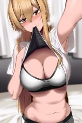 Rule 34 | 1girl, armpits, belly, blonde hair, blush, breasts, cleavage, clothes lift, doko tetora, large breasts, long hair, looking at viewer, navel, original, outstretched arm, selfie, shirt, shirt lift, smile, solo, stomach, sweat