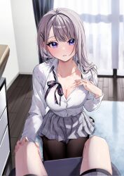 Rule 34 | 2girls, black pantyhose, blue eyes, breasts, chigusa minori, cleavage, collarbone, collared shirt, commentary request, corrupted twitter file, grey hair, grey skirt, highres, indoors, large breasts, long hair, long sleeves, looking at viewer, multiple girls, pantyhose, saotome shino (shino to ren), shino to ren, shirayuki ren, shirt, shirt tucked in, sitting, skirt, solo focus, thighs, white shirt
