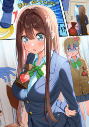 Rule 34 | !?, 2girls, :o, arm behind back, banana peel, between breasts, black nails, blue jacket, blue skirt, blush, bow, bowtie, breasts, brown hair, chair, chestnut mouth, collared shirt, commentary request, door, english text, green bow, grey eyes, hair between eyes, hair intakes, hair ornament, hairclip, heart, heart print, highres, holding, holding sack, indoors, jacket, large breasts, long hair, long sleeves, multiple girls, nail polish, original, piyopoyo, pleated skirt, rabbit hair ornament, red eyes, sack, shirt, skirt, surprised, white day