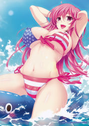 Rule 34 | 1girl, absurdres, american flag bikini, american flag print, arms up, artist name, atelier kaguya, bikini, blush, breasts, cameltoe, choco chip, cleavage, cloud, covered erect nipples, day, earrings, esumi mei, flag print, front-tie top, highres, inflatable dolphin, inflatable toy, jewelry, large breasts, long hair, namaiki ~kissuisou e youkoso!~, navel, ocean, open mouth, pink eyes, pink hair, print bikini, scan, side-tie bikini bottom, sky, smile, soaking feet, solo, swimsuit, underboob, water, wet