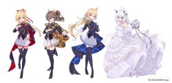 Rule 34 | 1st generation (hololive), 4girls, ahoge, aiguillette, akai haato, aki rosenthal, alternate costume, alternate hairstyle, animal ear piercing, animal ears, aqua eyes, back bow, black cape, black footwear, black jacket, blonde hair, blue cape, blue flower, blue rose, boots, bouquet, bow, braid, breasts, brown hair, cape, collared jacket, colored shoe soles, commentary request, copyright notice, crossed bangs, crossed legs, crown, curly sidelocks, detached hair, double-parted bangs, dress, dress flower, elbow gloves, epaulettes, floral print, flower, fox ears, fox girl, frilled dress, frills, full body, gloves, gold trim, green eyes, hair between eyes, hair flower, hair ornament, hair ribbon, halter dress, halterneck, hand on own chest, haruwo, high collar, high heel boots, high heels, highres, holding, holding bouquet, hololive, jacket, lace, lace-trimmed dress, lace-trimmed gloves, lace trim, large bow, layered dress, long dress, long hair, long sleeves, looking at viewer, low ponytail, medium breasts, medium hair, mini crown, miniskirt, multiple girls, natsuiro matsuri, official art, open hand, pleated skirt, ponytail, print cape, purple eyes, reaching, reaching towards viewer, red cape, red flower, red rose, ribbon, rose, shirakami fubuki, side braid, side ponytail, sidelocks, simple background, single sidelock, skirt, sleeve cuffs, small breasts, standing, standing on one leg, swept bangs, tachi-e, thigh boots, tilted headwear, two-sided cape, two-sided fabric, virtual youtuber, wedding dress, white background, white dress, white flower, white footwear, white gloves, white hair, white rose, white skirt, yellow cape, yellow flower, yellow rose