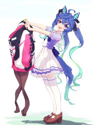 Rule 34 | 1girl, :d, absurdres, ahoge, animal ears, blue eyes, blue hair, bow, bowtie, brown footwear, coat, frilled skirt, frills, from side, full body, heterochromia, highres, holding, holding clothes, horse ears, horse girl, horse tail, long hair, looking at viewer, messy hair, multicolored coat, open mouth, pleated skirt, puffy short sleeves, puffy sleeves, purple bow, purple bowtie, purple eyes, purple serafuku, purple shirt, sailor collar, sailor shirt, school uniform, serafuku, sharp teeth, shirt, short sleeves, sidelocks, simple background, skirt, smile, solo, stella (stella), tail, teeth, tracen school uniform, twin turbo (umamusume), twintails, umamusume, white background, white bow, white skirt