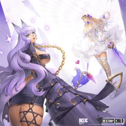 Rule 34 | ashtoreth (destiny child), blonde hair, blue eyes, boots, breasts, chain, destiny child, dress, flower, hair flower, hair ornament, large breasts, purple hair, strap, sword, thigh boots, thighhighs, weapon, werewolf (destiny child), white dress, white wings, wings