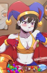 Rule 34 | 1girl, absurdres, asymmetrical gloves, bare arms, bare shoulders, black hair, blue eyes, blue gloves, blush, breasts, candy, chainsaw man, chocolate, cleavage, cosplay, crop top, food, gloves, hair ornament, hairclip, hat, higashiyama kobeni, highres, holding, holding food, indoors, jester cap, lollipop, midriff, mismatched gloves, navel, pomni (the amazing digital circus), pomni (the amazing digital circus) (cosplay), red eyes, red gloves, sausage, sebasdono, short hair, solo, sports bra, stomach, the amazing digital circus, two-tone eyes, upper body