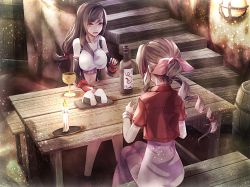 Rule 34 | 2girls, aerith gainsborough, bar (place), bottle, breasts, candle, candlelight, casket, collarbone, cup, dress, elbow gloves, final fantasy, final fantasy vii, fingerless gloves, food, gloves, hair ribbon, highres, jacket, large breasts, long hair, low-tied long hair, mirrorclew, multiple girls, onigiri, open mouth, picnic table, pink dress, pink ribbon, red eyes, red gloves, red jacket, ribbon, sitting, stairs, swept bangs, table, tank top, taut clothes, tifa lockhart, white tank top, wine bottle