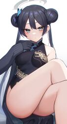 Rule 34 | 1girl, bare legs, bare shoulders, black dress, black gloves, black hair, blue archive, blush, breasts, butterfly hair ornament, china dress, chinese clothes, commentary request, crossed legs, double bun, dragon print, dress, gloves, grey eyes, grey halo, hair bun, hair ornament, halo, highres, hoshimiya aki, jacket, kisaki (blue archive), legs, long hair, looking at viewer, medium breasts, print dress, sleeveless, sleeveless dress, solo, striped clothes, striped jacket, thighs, vertical-striped clothes, vertical-striped jacket