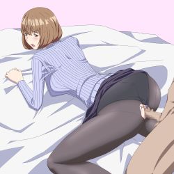 Rule 34 | 1girl, all fours, aoki yuriko, ass, back, bakuman, bed, bed sheet, blush, breasts, brown hair, censored, clothed sex, clothes lift, clothing aside, doggystyle, legs, looking back, mole, open mouth, panties, panties aside, pantyhose, penis, sex, sex from behind, sheet grab, short hair, skirt, skirt lift, sweater, thighs, torn clothes, torn legwear, underwear, upskirt, vaginal, yellow eyes