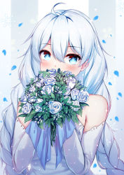 Rule 34 | 1girl, ahoge, bad id, bad pixiv id, bare shoulders, blue eyes, blush, bouquet, braid, breasts, bride, commentary request, covered mouth, covering own mouth, detached sleeves, dress, elbow gloves, flower, gloves, hair between eyes, hands up, holding, holding bouquet, honkai (series), honkai impact 3rd, kiana kaslana, long hair, long sleeves, looking at viewer, qunqing, rose, sidelocks, silver hair, sleeveless, sleeveless dress, snowflakes, solo, twin braids, upper body, very long hair, wedding dress, white dress, white flower, white rose, white sleeves